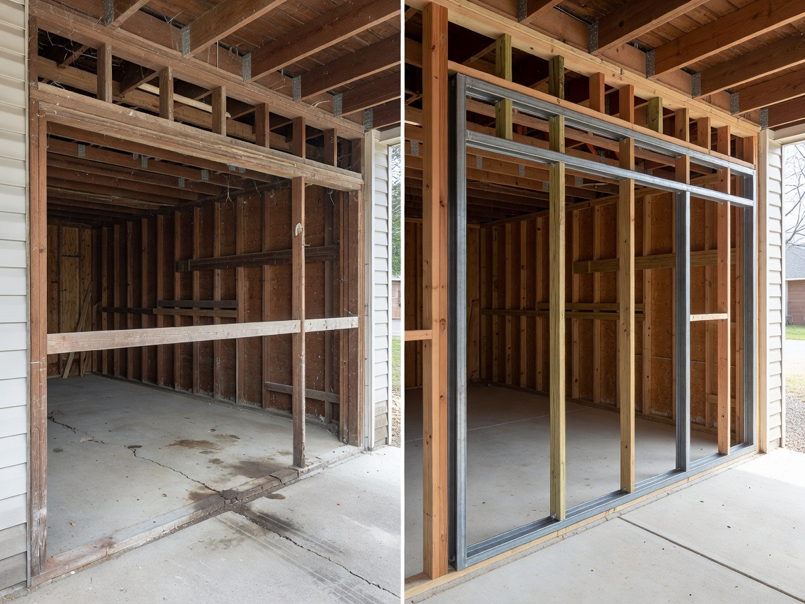 Comparison visual showing structural preparation for replacing a residential garage door