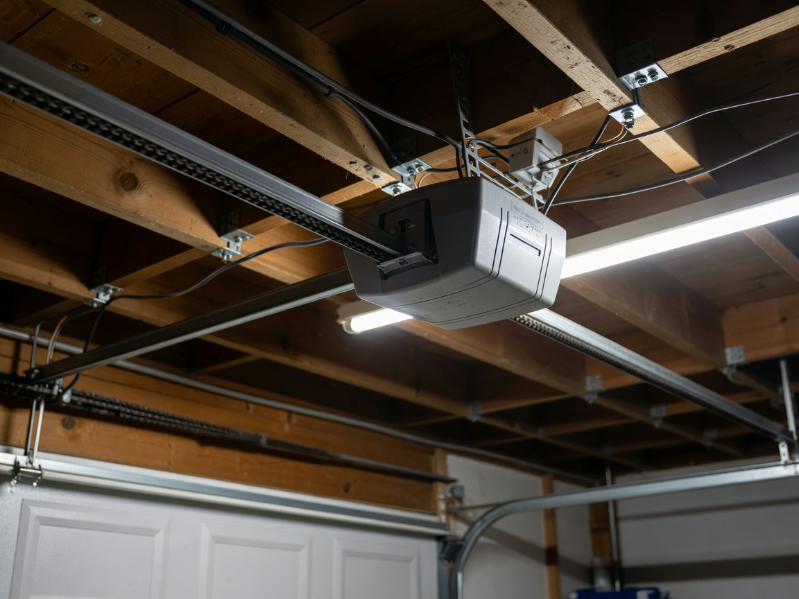 Detailed view of a ceiling-mounted electric garage door opener and drive track