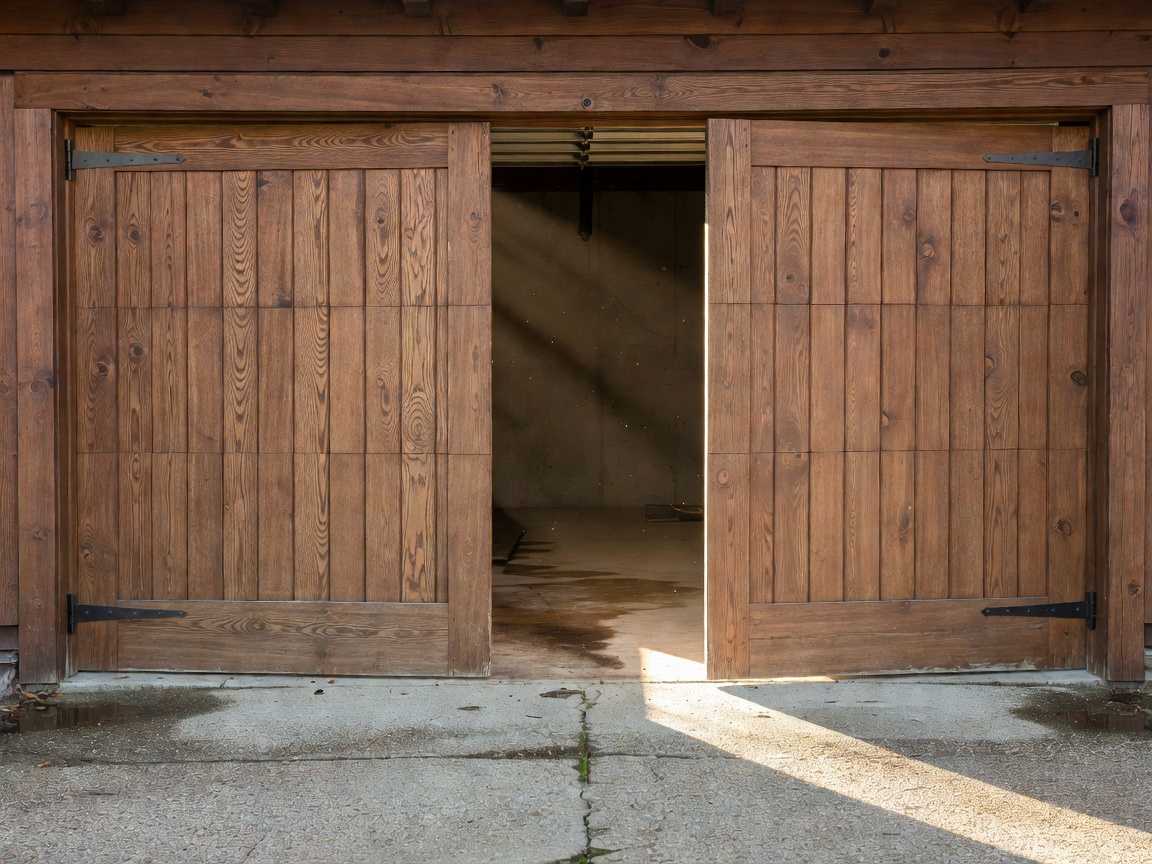 Double side-hinged wooden garage doors opening outward