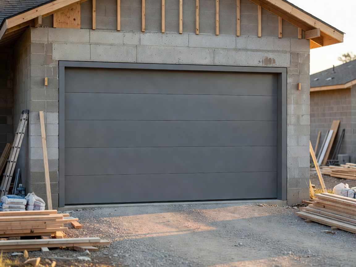 Freshly installed modern grey garage door on a residential property build