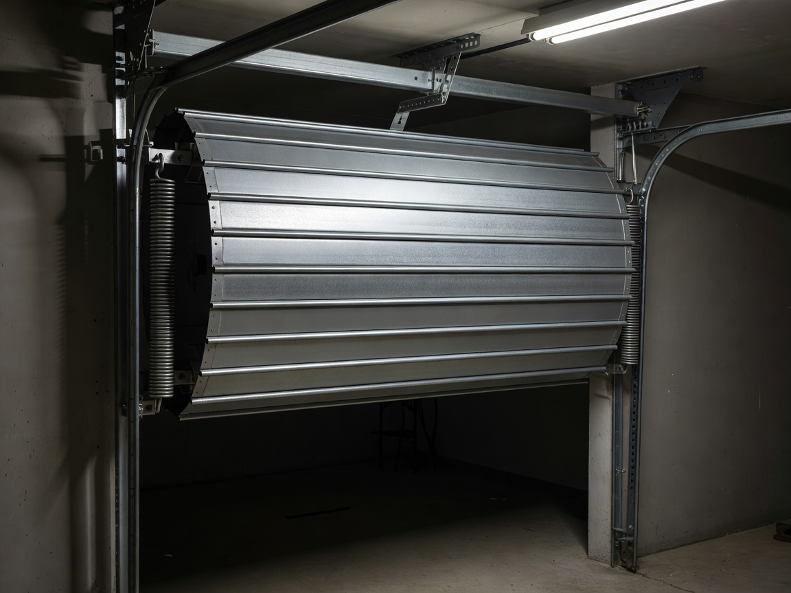 Internal view of a roller garage door mechanism showing the compact curtain roll
