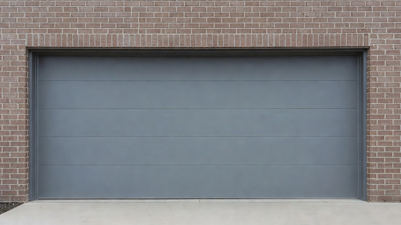 Modern grey residential garage door installed on a brick property