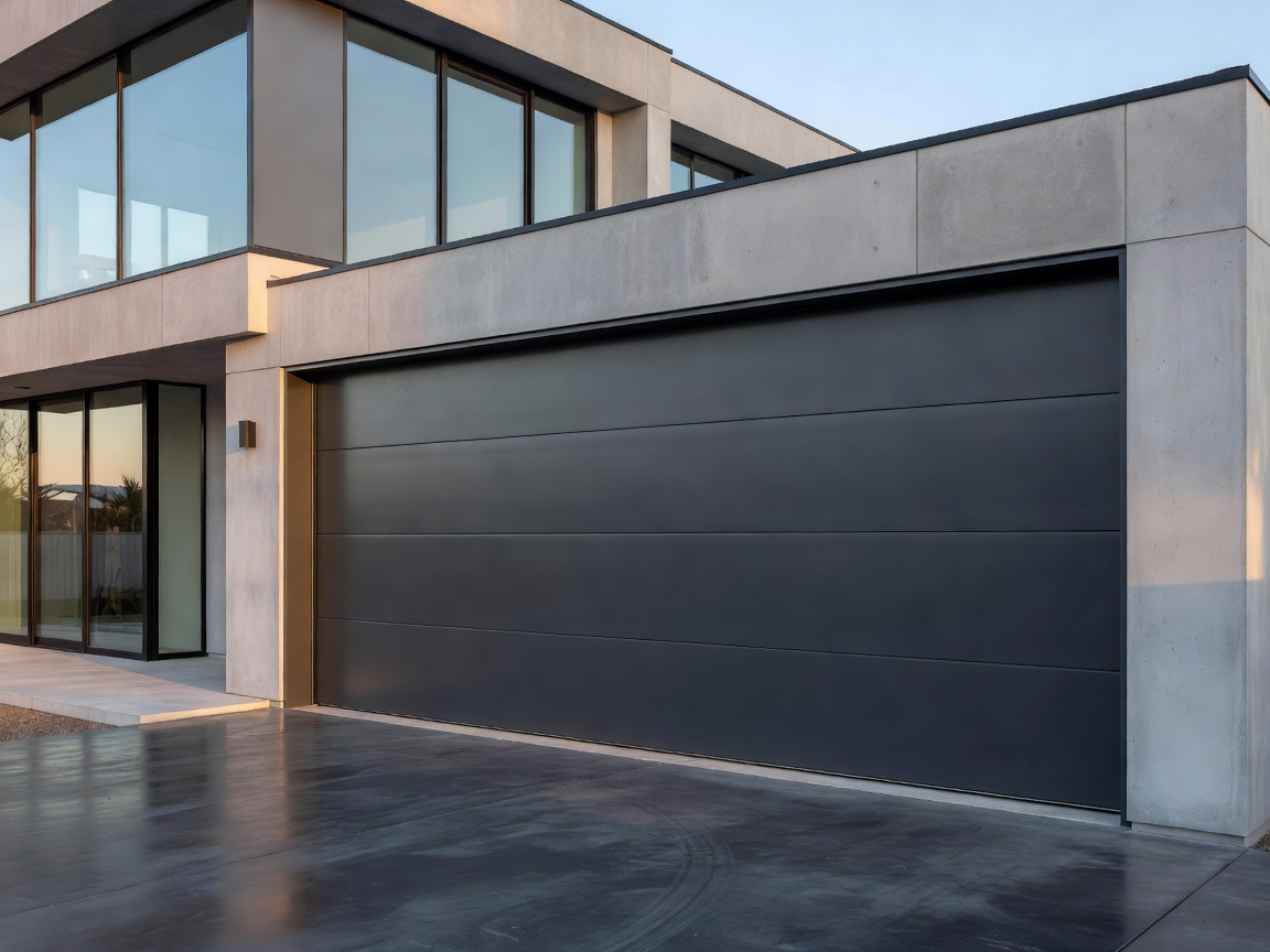 New dark grey garage door fitted to a modern home